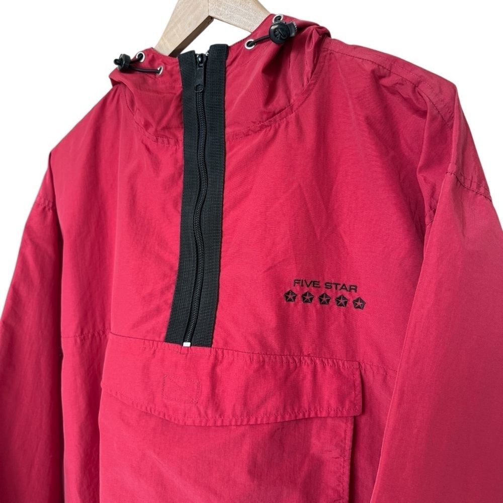 VTG! 90’s Y2K FIVE STAR Red Hooded Anorak Jacket L Casual 1/2 Zip Nylon Hooded